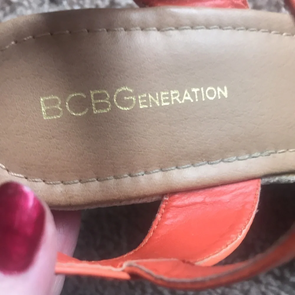 BCBGeneration Laya orange espadrille platform wedge sandal heels size 9.5